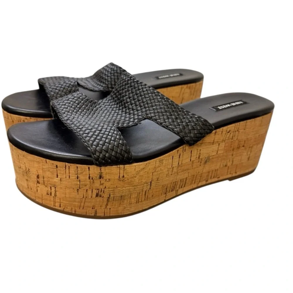 NEW Nine West Black Woven Cork Platform Sandals Size 10
